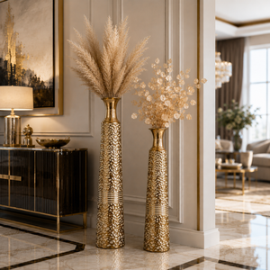 Set of 2 Gold Tapered Floral Metal Vases for Home Decor, Modern Elegant Centerpiece Accent, 17.7x17.7x106.7cm & 17.7x17.7x95.3cm