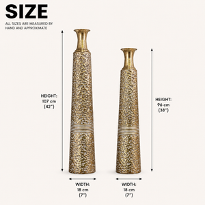 Set of 2 Gold Tapered Floral Metal Vases for Home Decor, Modern Elegant Centerpiece Accent, 17.7x17.7x106.7cm & 17.7x17.7x95.3cm
