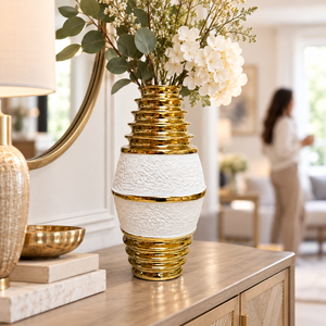 White Ceramic Tulip Vase, Golden Rims, 11" Modern Table Desk Shelf Centerpiece Decor, Unique Gifts