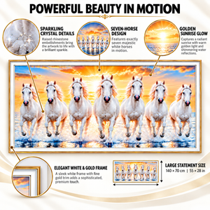 7 Running Horses Crystal Wall Art - Framed 70x140 cm