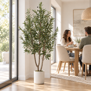 Artificial Olive Tree – white decorative planter beside a dining area