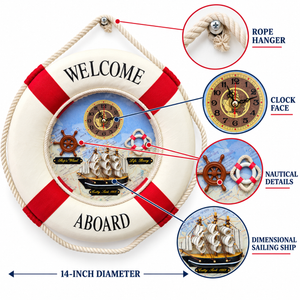 Lifebuoy Wall Clock, 14" Silent Non Ticking, Nautical Living Room Decor - Accent Collection