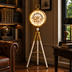 Modern White LED Tripod Floor Clock with Moving Gears, Industrial Style Home Decor Accent