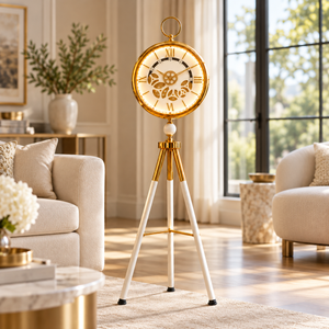 Modern White LED Tripod Floor Clock with Moving Gears, Industrial Style Home Decor Accent