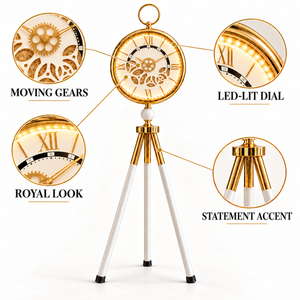 Modern White LED Tripod Floor Clock with Moving Gears, Industrial Style Home Decor Accent