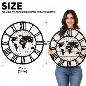 24-Inch Black World Map Wall Clock with Roman Numerals-Sona Casa