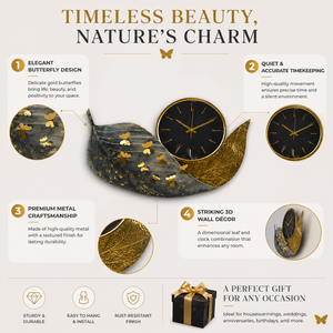 Large Gold and Blue Butterfly Wall Clock with Elegant Metallic Finish, Decorative Home Accent, 87x60x7 cm