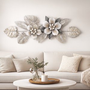 Large 60 Inch wide 3D Metal Flower Wall Art Sculpture with Silver & Gray Leaves, Textured Modern Botanical Decor for Living Room or Bedroom-Sona Casa