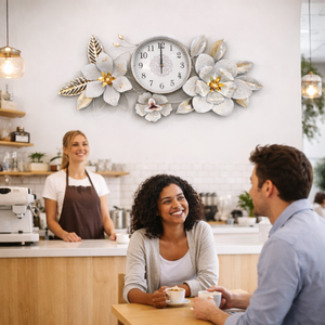 Large Metal Floral Silver Wall Clock, Elegant Horizontal Wall Art, Above the Bed, Couch, Living Room Decor by Sona Casa