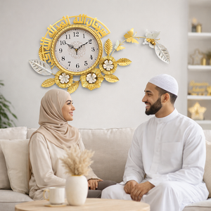 Large Metal Islamic Floral Gold Wall Clock With Butterfly, Muslim Ramadan Decorative Clock for Living Room Prayer Room by Sona Casa