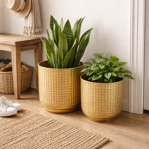 Golden Foil Pots, Pair of Decorative Planters Large and Small 25 cm, 22 cm Set of 2, Living Room, Office Decor-Sona Casa