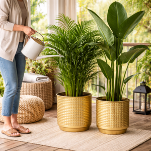 Golden Foil Pots, Pair of Decorative Planters Large and Small 25 cm, 22 cm Set of 2, Living Room, Office Decor-Sona Casa