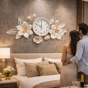 Large Metal Floral Silver Wall Clock, Elegant Horizontal Wall Art, Above the Bed, Couch, Living Room Decor by Sona Casa