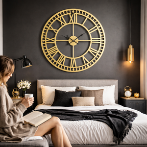 Large 32 Inch Gold Metal Wall Clock, Oversized Farmhouse & Cottage Style Decor, Roman Numeral Decorative Clock, Home Decor, Gift-Sona Casa