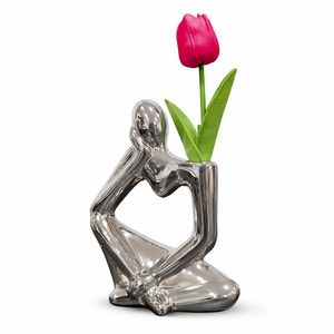 Unique Silver Ceramic Bud Vase, 7" Abstract Thinker Statue, Table, Shelf, Desk Decoration, 1 Tulip Flower Included by Sona Casa