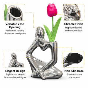 Unique Silver Ceramic Bud Vase, 7" Abstract Thinker Statue, Table, Shelf, Desk Decoration, 1 Tulip Flower Included by Sona Casa