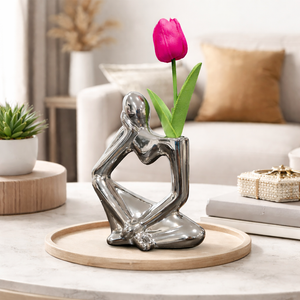 Unique Silver Ceramic Bud Vase, 7" Abstract Thinker Statue, Table, Shelf, Desk Decoration, 1 Tulip Flower Included by Sona Casa