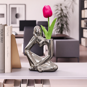 Unique Silver Ceramic Bud Vase, 7" Abstract Thinker Statue, Table, Shelf, Desk Decoration, 1 Tulip Flower Included by Sona Casa