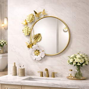 Round Gold Metal Floral Wall Mirror, Mountable Decorative Mirrors for Bedroom, Entryway, Living Room, Bathroom, Vanity by Sona Casa