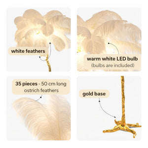 Luxurious Ostrich Feather Floor Lamp, Elegant Gold Branch LED Standing Light, Home or Office Decor by Sona Casa