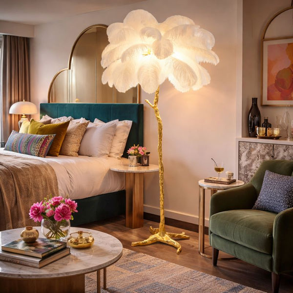 Luxurious Ostrich Feather Floor Lamp, Elegant Gold Branch LED Standing Light, Home or Office Decor by Sona Casa