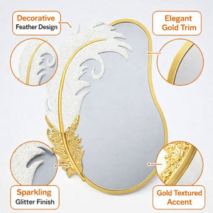 Decorative Metal Wall Mirror, Gold with White Feather, Glitter, 89 cm Asymmetrical Mirror Home Office Girl's Room Decor Gift by Sona Casa