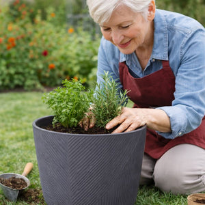 Modern Round Plastic Planter, 12-Inch Slate Gray Flower Pot, Home Office Garden Patio Porch Decor by Sona Casa