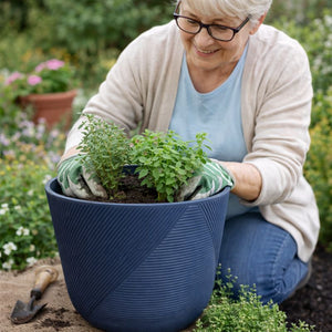Modern Round Plastic Planter, 12-Inch Blue Flower Pot for Herbs and Ornamental Plants, Home Office Garden Decor by Sona Casa