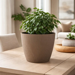 Modern Round Plastic Planter, 11 inch Brown Flower Pots with Drainage Hole, Home Office Garden Decor by Sona Casa