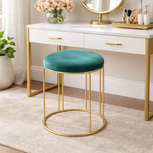 Petite Lightweight Green Stool with Gold Frame, Fabric Seat Compact Living Room Accent Home Decor by Sona Casa