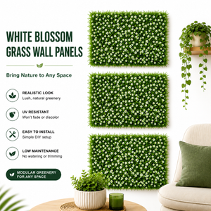 Green Artificial Grass Wall Panels with White Baby’s Breath Flowers, 40x60cm Decorative Floral Wall Art for Home Decor - Accent Collection
