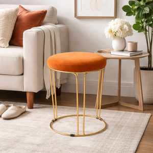 Petite Lightweight Brown Stool with Gold Frame, Fabric Seat Compact Living Room Accent Home Decor - Accent Collection