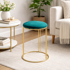 Petite Lightweight Green Stool with Gold Frame, Fabric Seat Compact Living Room Accent Home Decor - Accent Collection