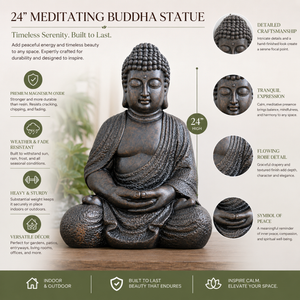 Tall Buddha Statue, Large 24" Temple Indoor Outdoor Sculpture, Living Room Garden Patio Statuary Decor