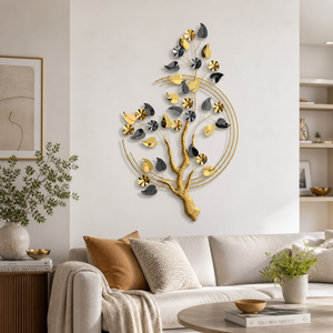 Large Metal 3D Wall Sculpture Golden Tree, Modern Abstract Nature-Inspired Home Decor, 132x82x8 cm