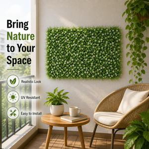 Green Artificial Grass Wall Panels with White Baby’s Breath Flowers, 40x60cm Decorative Floral Wall Art for Home Decor by