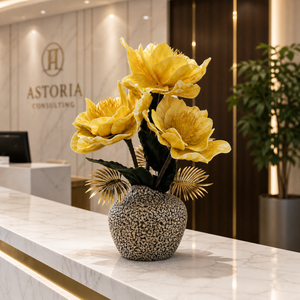 Tall Brown Ceramic Vase with Yellow Artificial Floral Arrangement, Modern Rustic Home Decor, 17x42cm