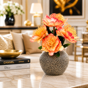 Elegant Brown Ceramic Vase with Red Artificial Floral Accent, Modern Minimalist Home Decor, 17x42cm