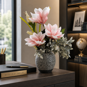Gray Ceramic Planter with Pink and White Artificial Flowers, Modern Floral Home Decor, 17x42cm