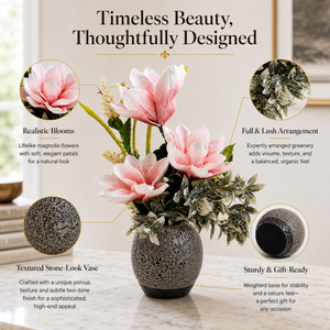 Gray Ceramic Planter with Pink and White Artificial Flowers, Modern Floral Home Decor, 17x42cm