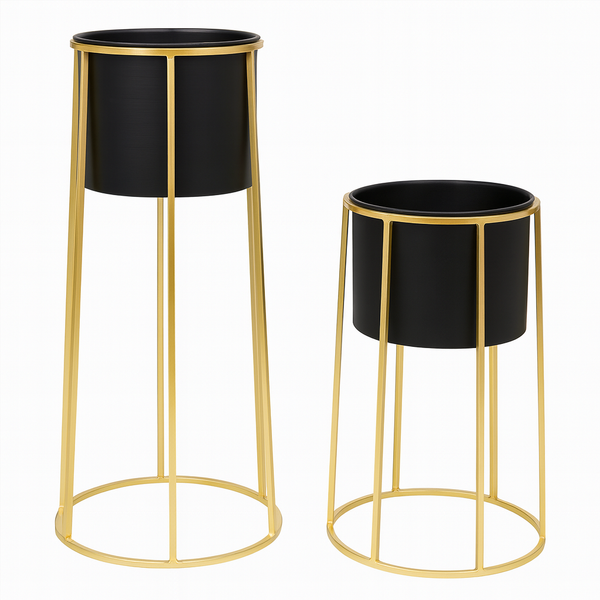Contemporary Indoor Black Metal Pots Set with Golden Stand for Fresh or Faux Plants Living Room Office Decor, Gifts-Sona Casa