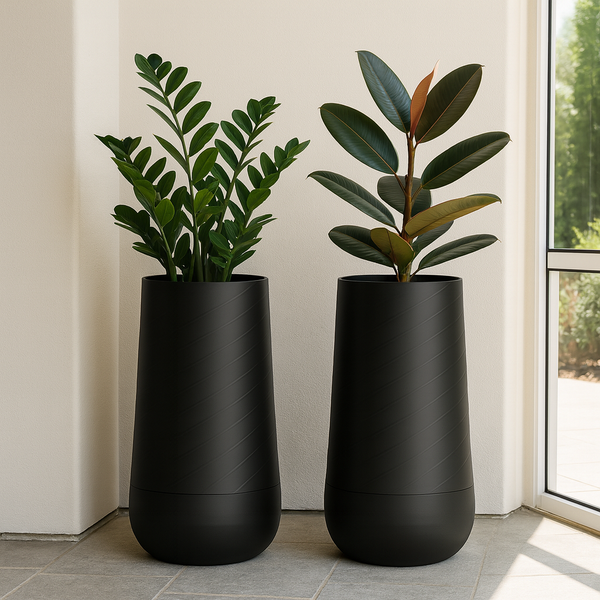 Set of 2 Contemporary Decorative Self Watering Pot, Modern Tall Black Indoor Planter, 33 in Home, Office, Garden Decoration, Gift-Sona Casa