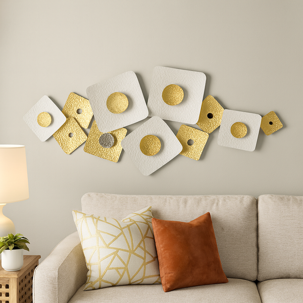 Large White and Gold Metal Wall Sculpture, Modern Geometric Horizontal Wall Art, 126×53 cm Home Office Decor-Sona Casa