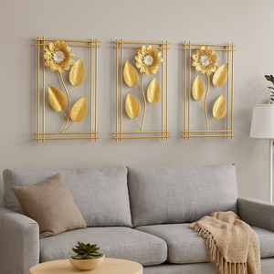 3 Piece Gold Flowers Metal Wall Decor Set, Elegant Floral Sculptures, 50cm Tall x 30cm Wide Panels Home Office Decor-Sona Casa