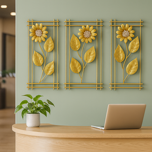 3 Piece Gold Flowers Metal Wall Decor Set, Elegant Floral Sculptures, 50cm Tall x 30cm Wide Panels Home Office Decor-Sona Casa