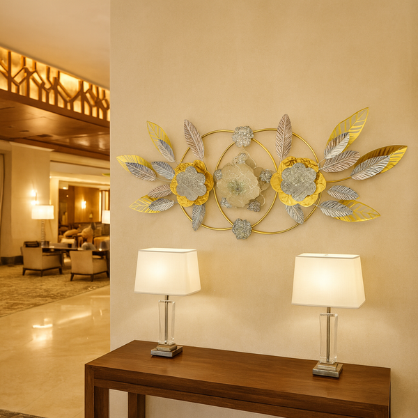 Large Gold Metal Wall Decor with Floral and Leaf Motif, 18 x 50 inch Elegant 3D Botanical Sculpture Home Office Decor-Sona Casa