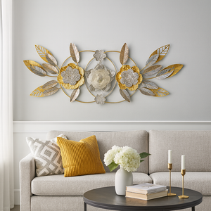 Large Gold Metal Wall Decor with Floral and Leaf Motif, 18 x 50 inch Elegant 3D Botanical Sculpture Home Office Decor-Sona Casa