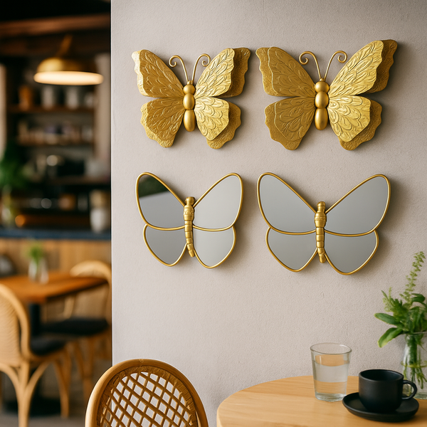 4 Piece Gold Butterfly Wall Decor Set, 3D Metallic Wall Sculpture & Mirrored Accents, Modern Glam Home Decor for Bedroom, Living Room, Nursery-Sona Casa