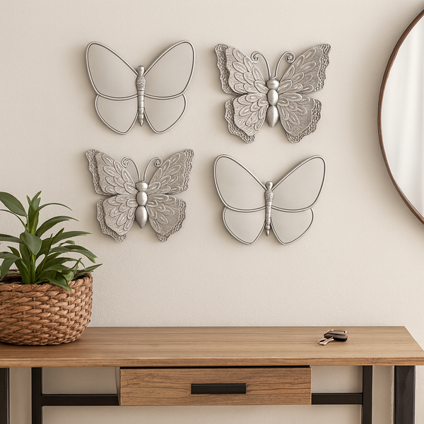 4 Piece Silver Butterfly Wall Decor Set, 3D Wall Sculpture & Mirrored Accents, Modern Glam Home Decor for Bedroom, Living Room, Nursery-Sona Casa