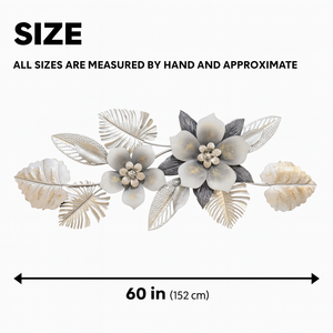 Large 60 Inch wide 3D Metal Flower Wall Art Sculpture with Silver & Gray Leaves, Textured Modern Botanical Decor for Living Room or Bedroom-Sona Casa